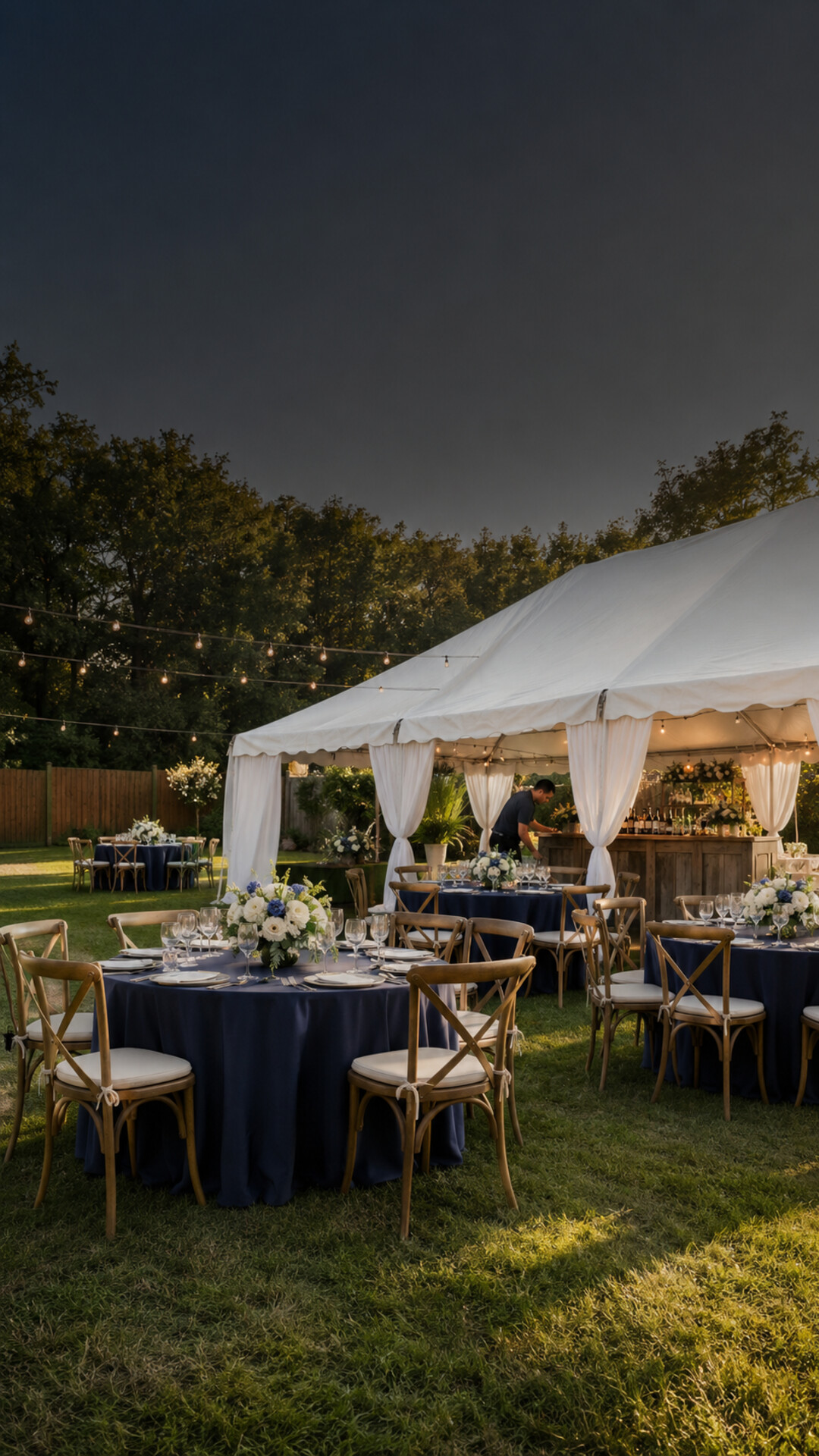Outdoor celebration with a white tent, draping, navy linens and set tables