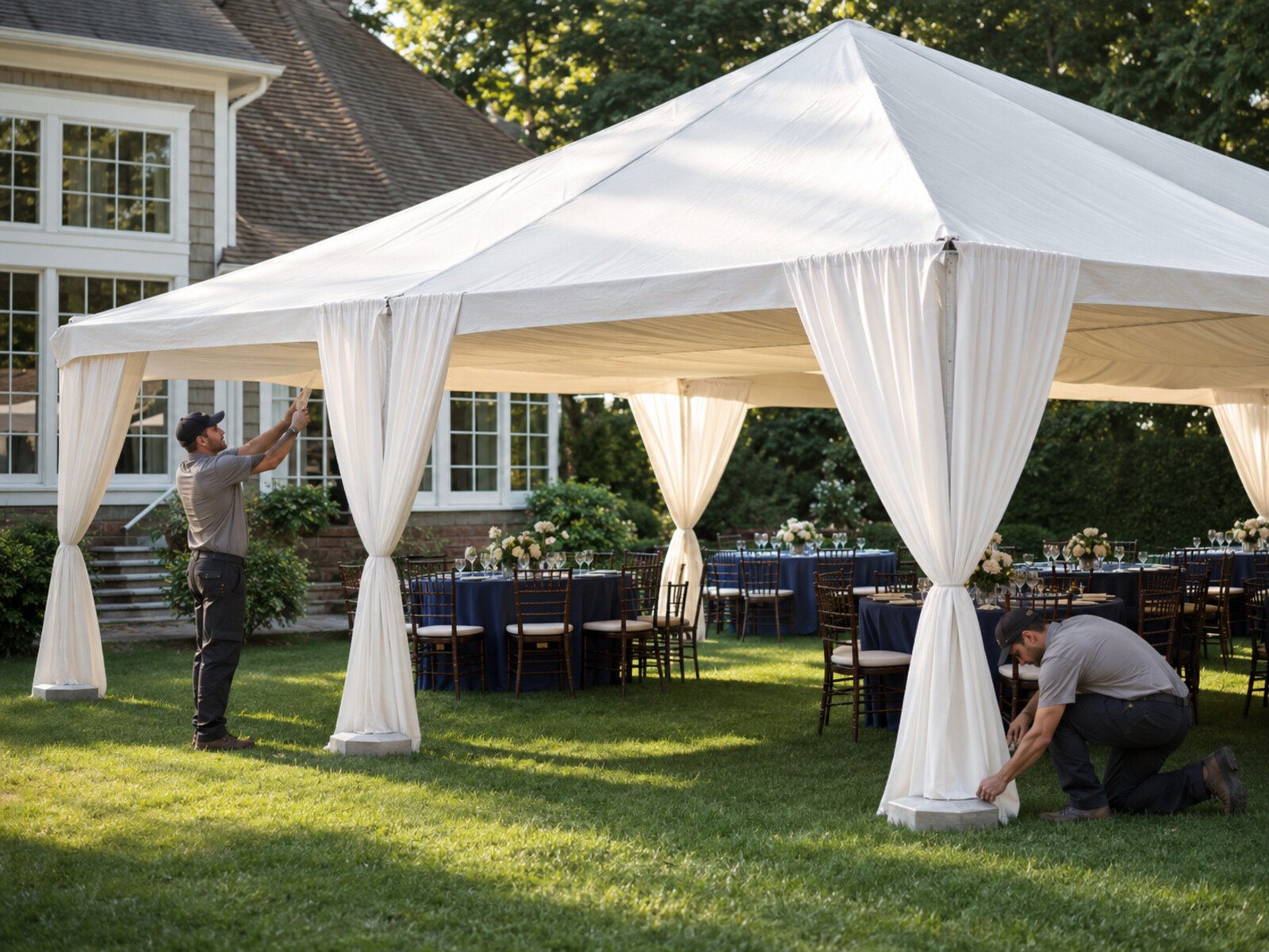 Crew installing a white event tent with draped fabric over a set dining area