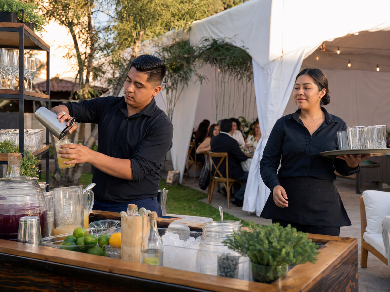 Bartender pouring a drink and a server carrying glassware at an outdoor event bar